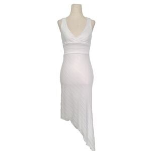 Y2k Vertical Striped Asymmetrical Midi Dress Sz S White Fairy Ethereal Dainty